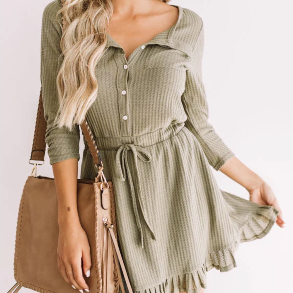 ๐HP 3X๐Size Small Shop Impressions Sage Green Waffle Dress Tie Waist - Picture 3 of 6